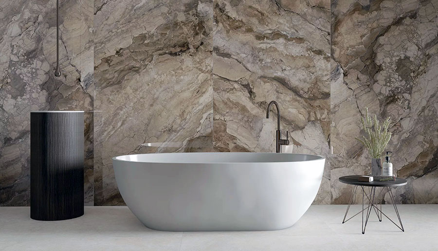 Варіант оформлення ванної кімнати плиткою коричневого кольору