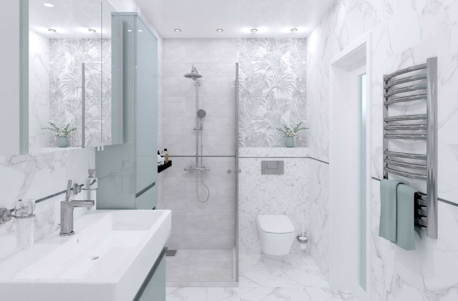 Бело-серый интерьер ванной комнаты с узорной плиткой