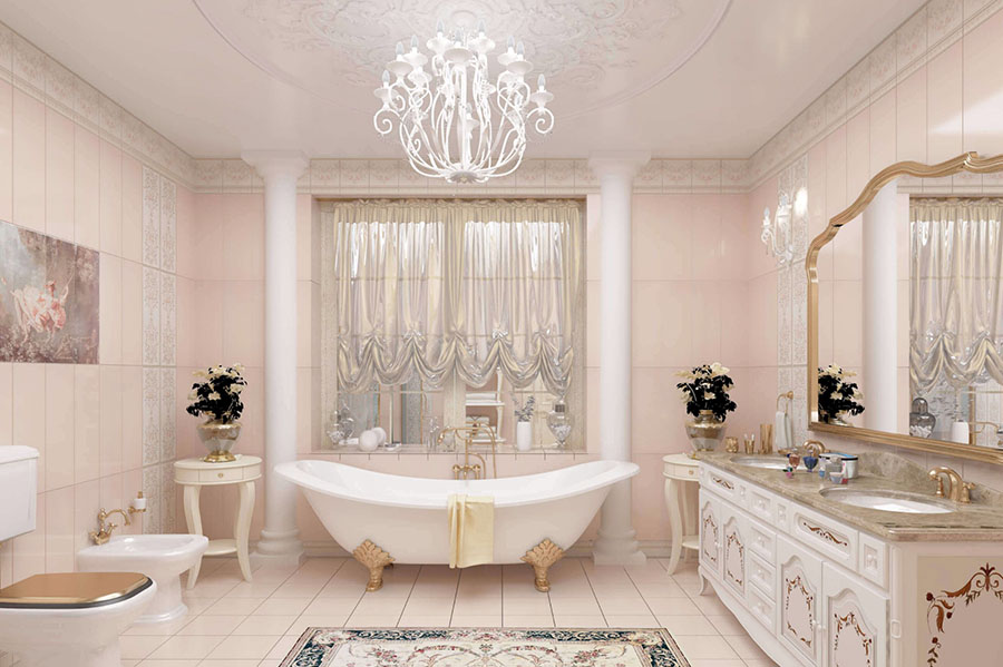 Красивая глянцевая плитка бежевой гаммы в классической ванной комнате