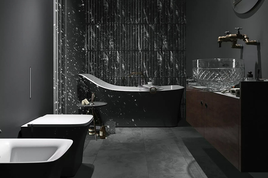 Приклад сучасної ванної кімнати з темною плиткою та дизайном інтер'єру
