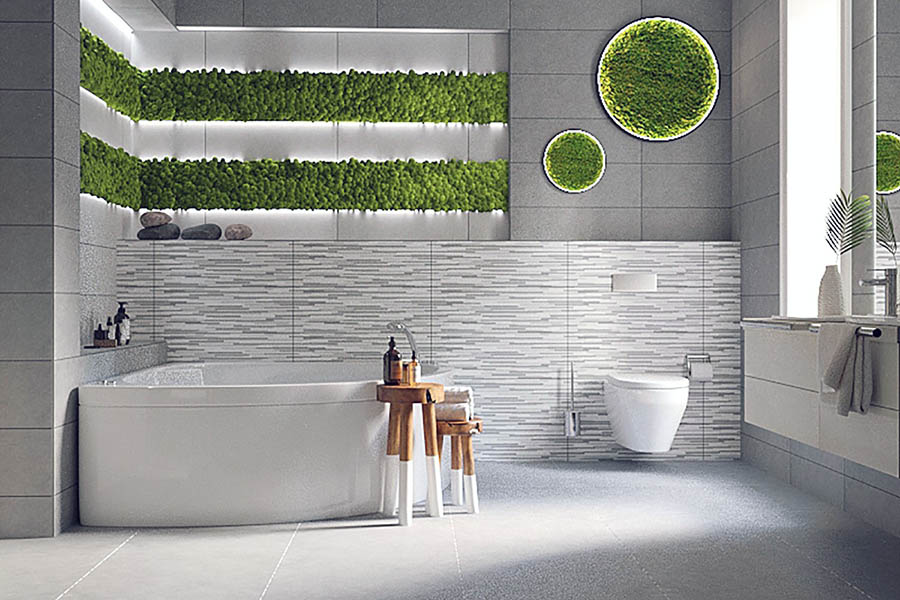 Поєднання світлої плитки та натуральної зелені у дизайні інтер'єру ванної кімнати