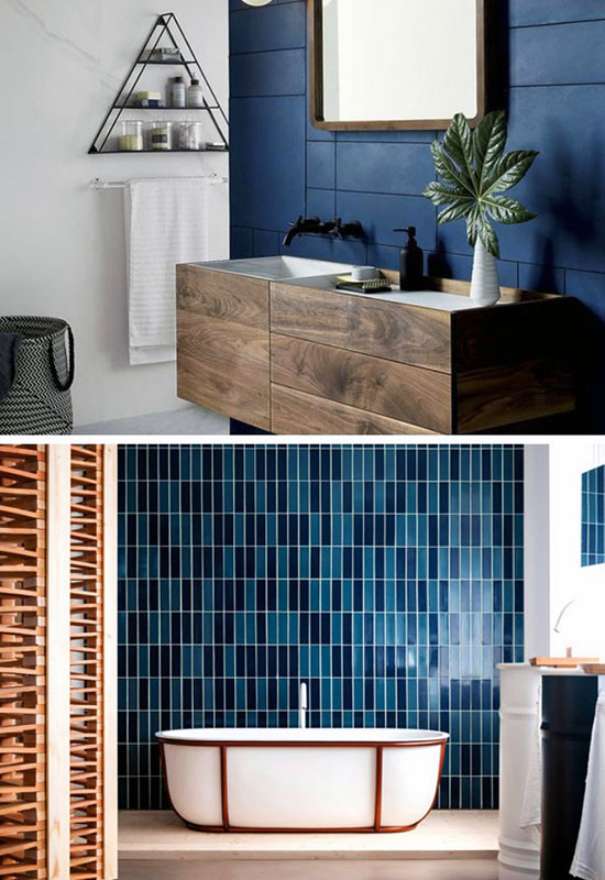 Стильный пример оформления стены ванной плиткой в синих тонах