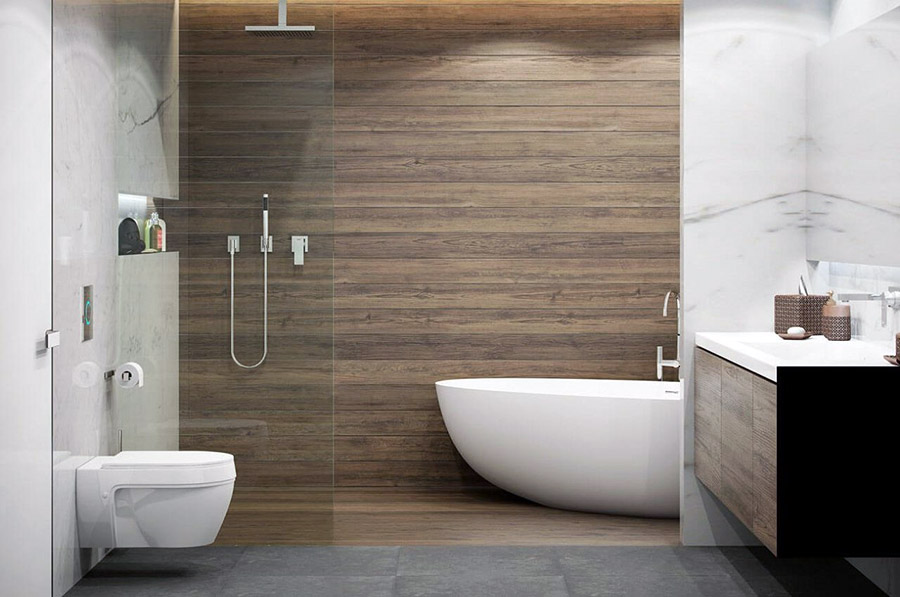 Ванна кімната з плиткою природних стриманих відтінків