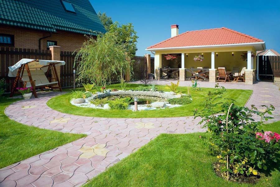 Красиве планування переднього двору приватного будинку