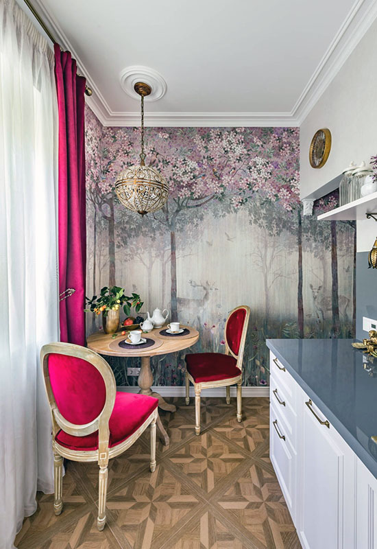 Використання фотошпалер для оздоблення стіни біля обідньої зони