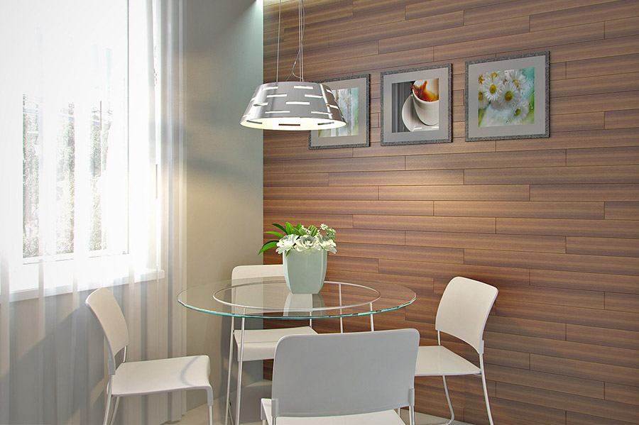 Приклад оформлення стіни біля столової зони деревом