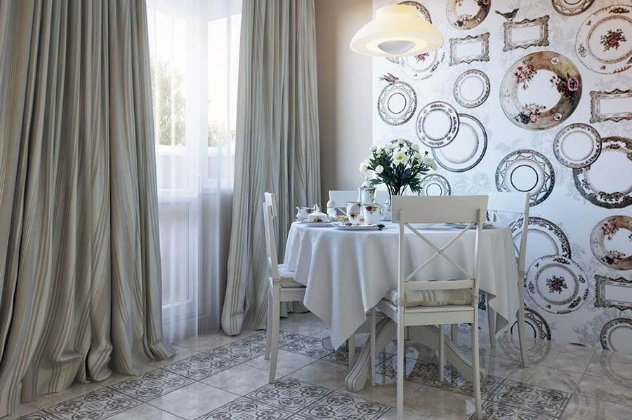 Реальний приклад світлої кухні з фотошпалерами в обідній зоні