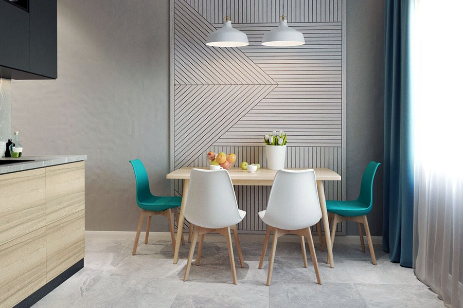Оформлення стіни біля кухонного столу стильними шпалерами