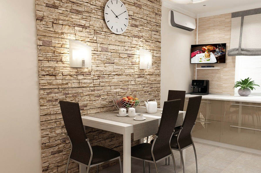 Пример кирпичной отделки стены над кухонным столом