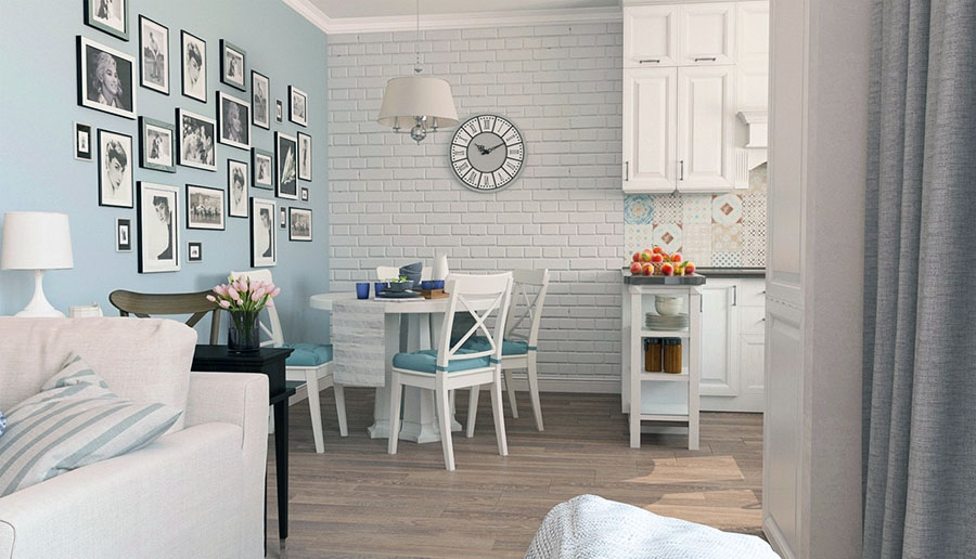 Пример красивой кирпичной кладки на стене возле стола в кухне