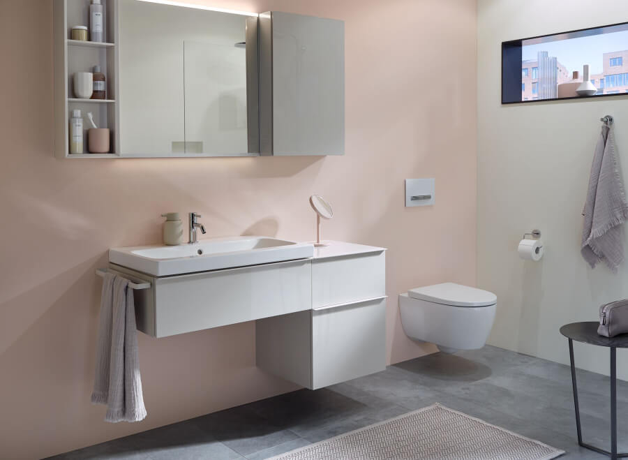 Ванна кімната з підвісним унітазом та інсталяцєю Geberit Sigma