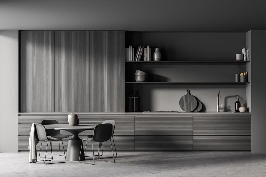 Дизайн сірої кухні з інтер'єром у стилі мінімалізм