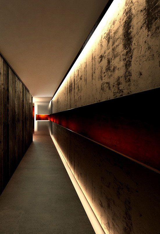 Гарний вузький передпокій з LED-підсвічуванням уздовж підлоги і стелі