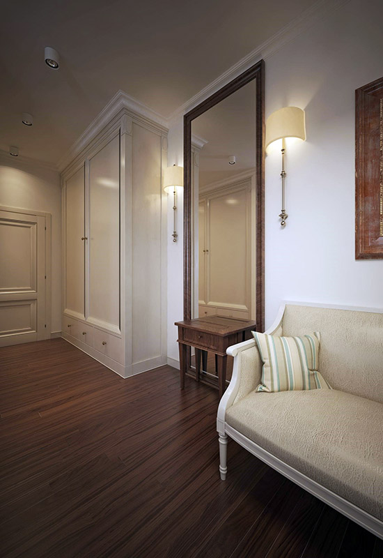 Меблі та елементи декору вздовж однієї стіни у вузькому передпокої