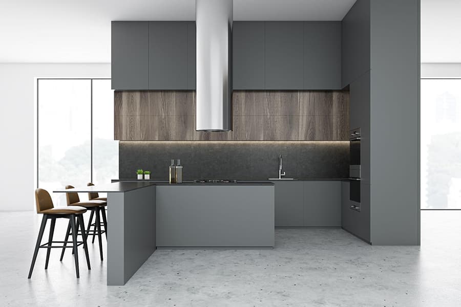Приклад сірої кухні із сучасним стилем інтер'єру
