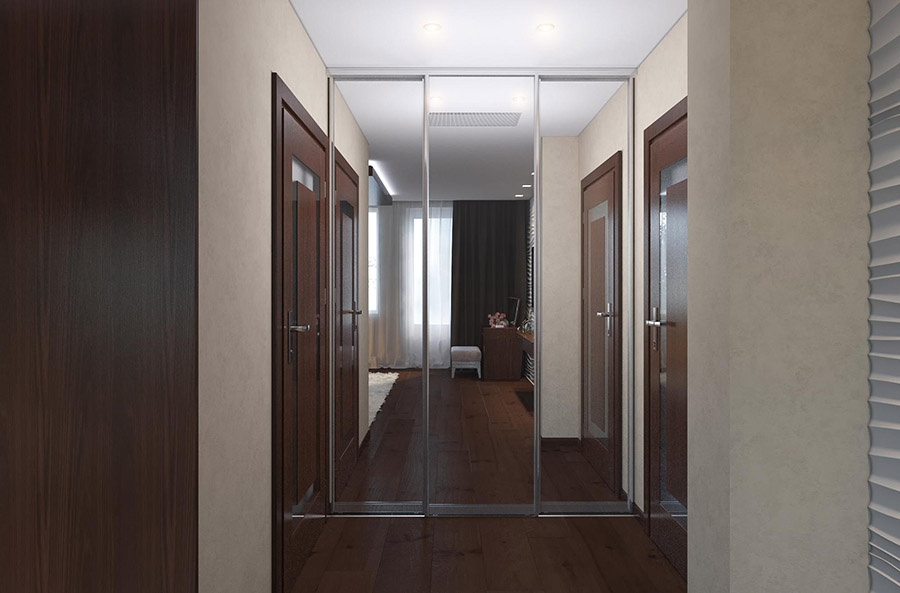 Шафа-купе із дзеркальними дверима в інтер'єрі маленького передпокою