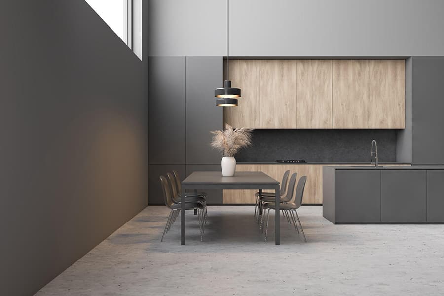 Світло-сіра кухня з мінімалістичним дизайном інтер'єру