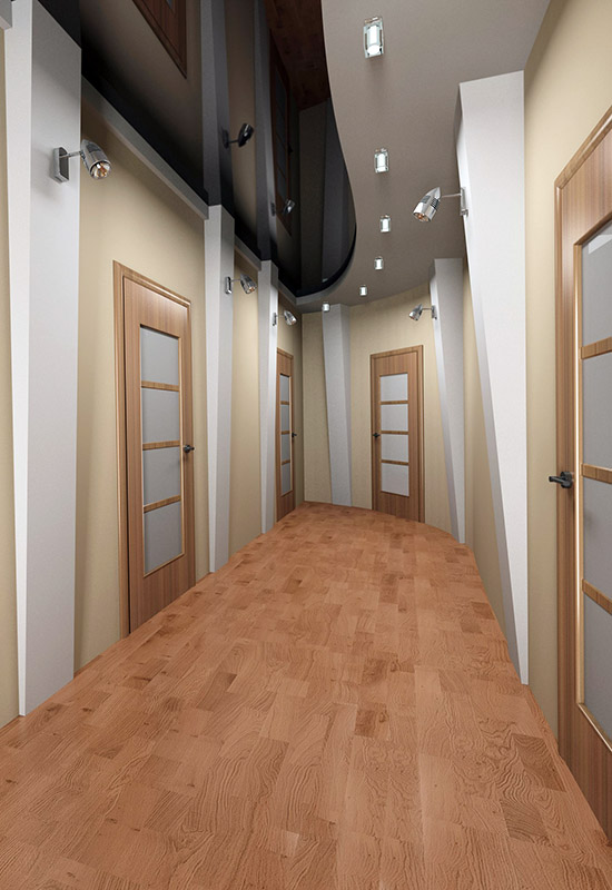 Приклад гарного поєднання двоколірної стелі із загальною гамою у вузькому передпокої