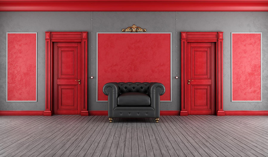 Приклад вдалого поєднання яскравих міжкімнатних дверей і сірого дизайну інтер'єру