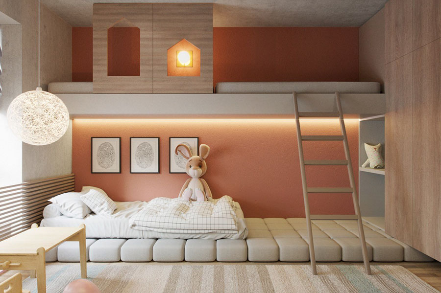 Сучасна дитяча кімната з комбінованими теплими відтінками