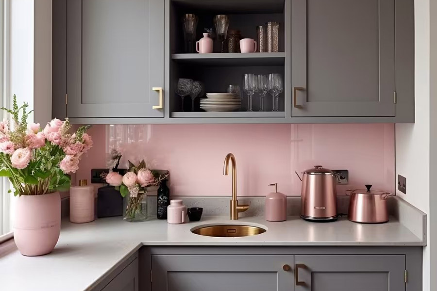 Кухня із сірими меблями та рожевим фартухом