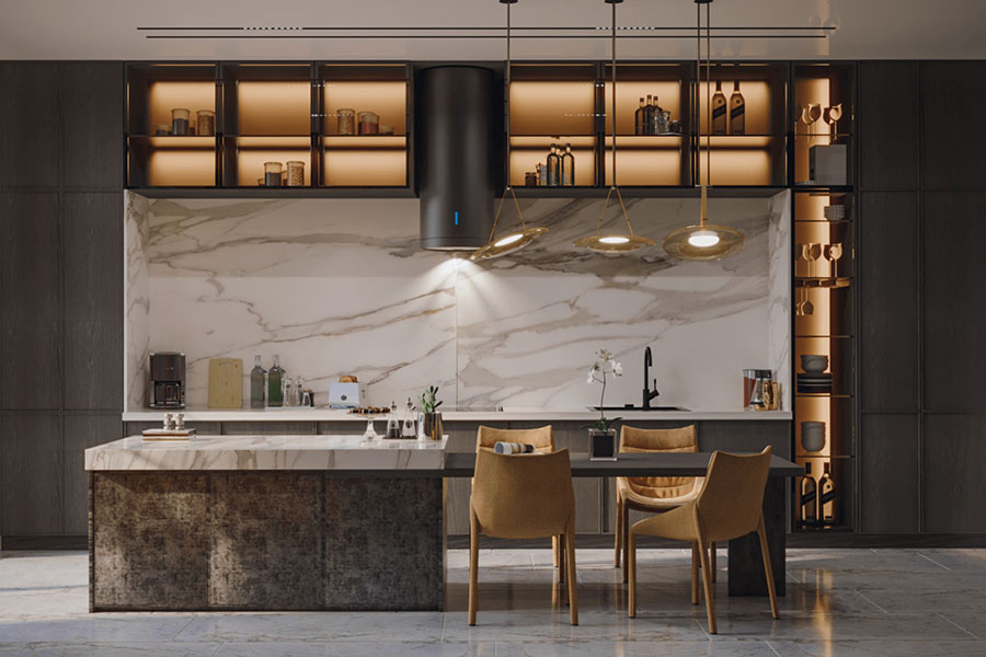 Облаштування інтер'єру великої кухні з панорамними вікнами та високими стінами