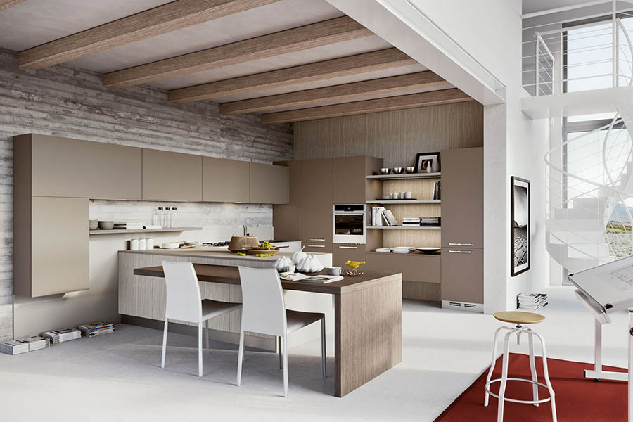 Простора кухня з бежевими акцентними кольорами в інтер'єрі