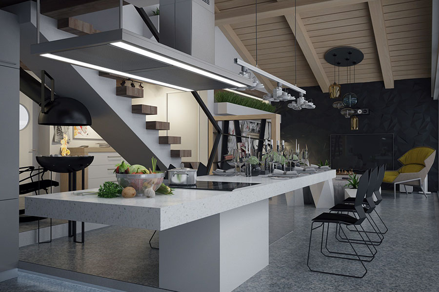 Варіанти оформлення інтер'єру великої кухні в двоповерховому будинку