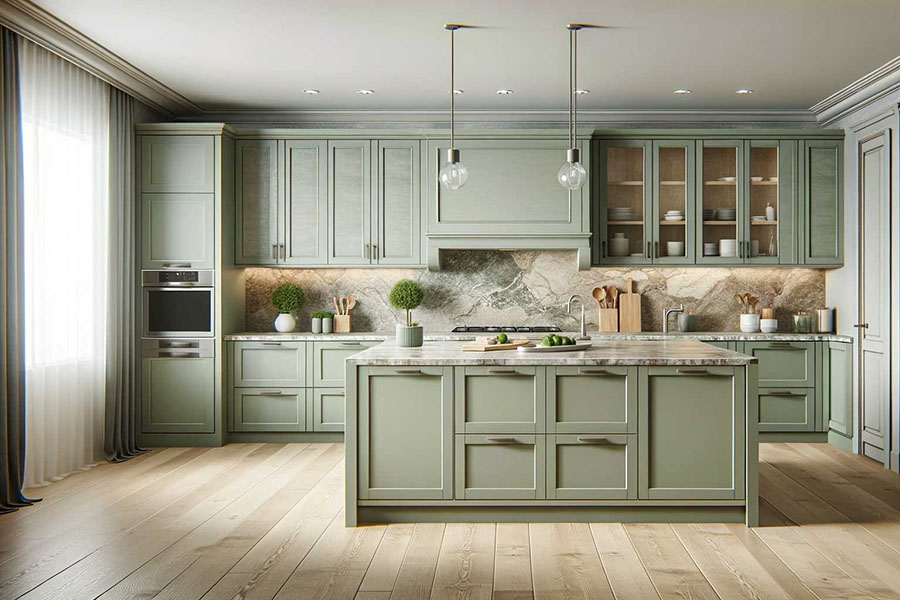Велика затишна кухня з інтер'єром у ніжних зелених тонах