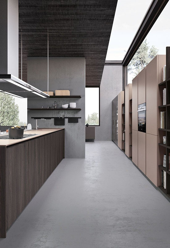 Інтер'єр довгої кухні з відкритими скляними стінами і стелею