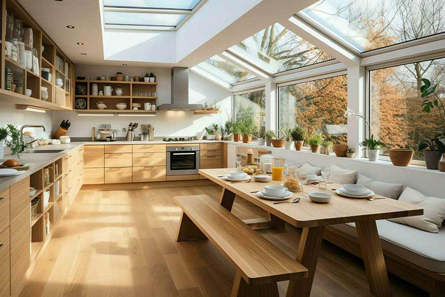 Варіант оформлення дизайну інтер'єру кухні з панорамними вікнами і стелею