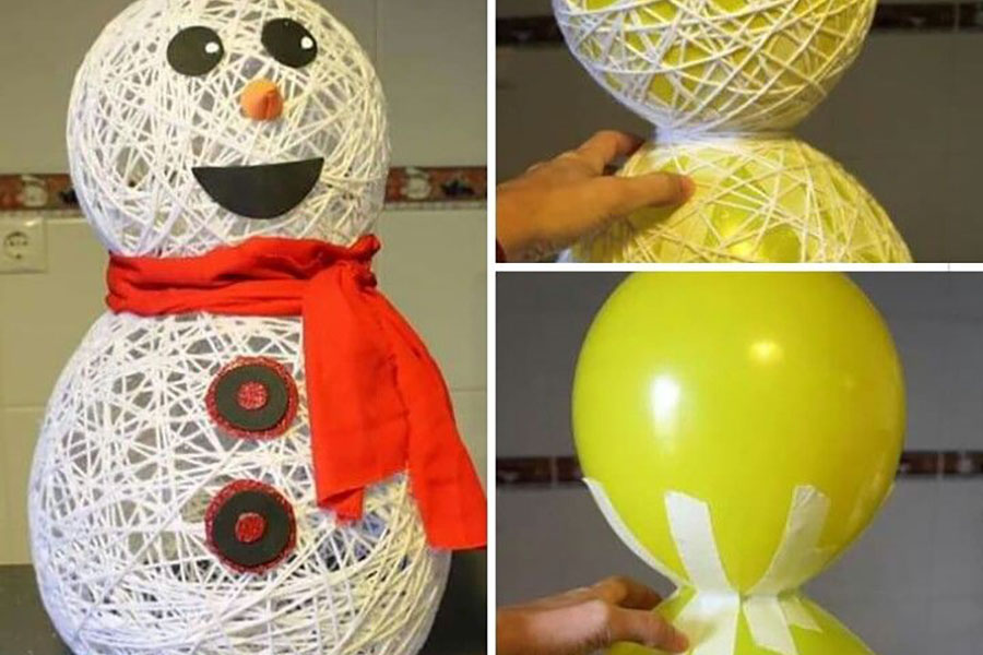 Приклад створення красивого сніговика до Нового Року з ниток і клею