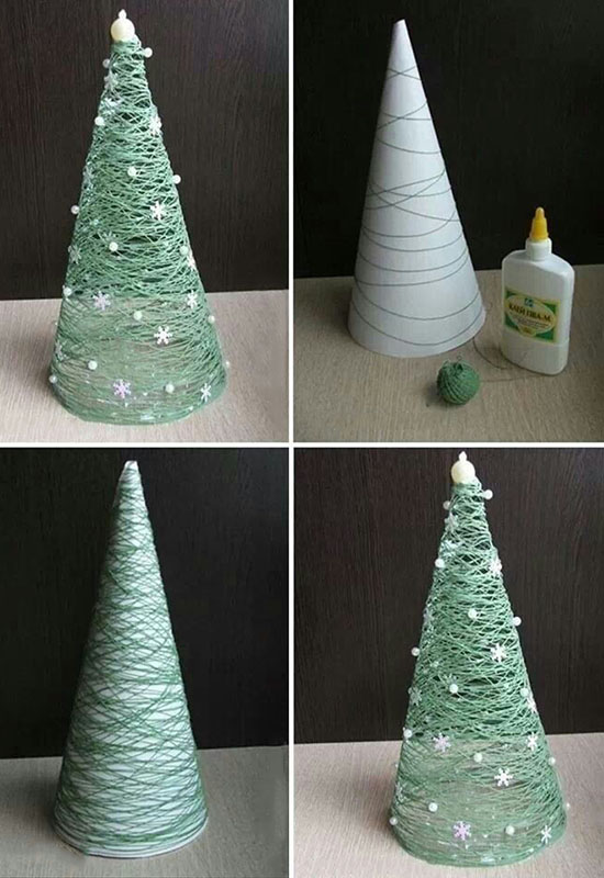 Приклад створення новорічної прикраси у вигляді ялинки з ниток і клею