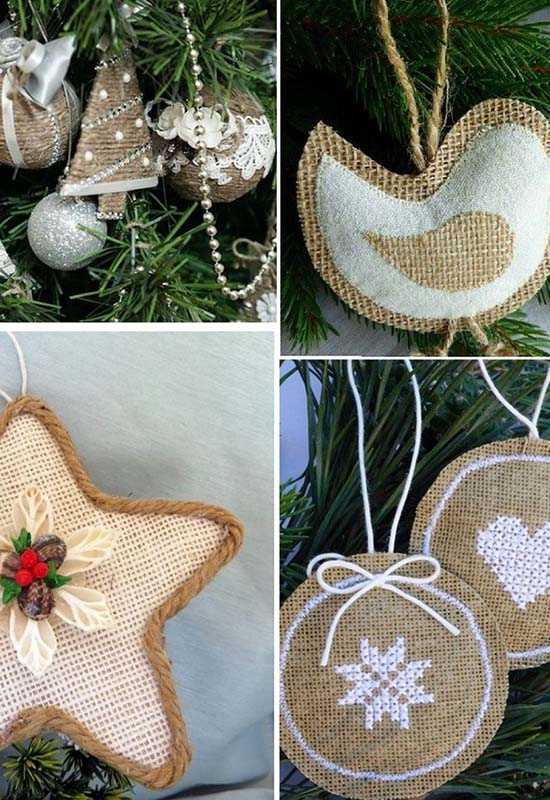 Новогодние украшения на елку из мешковины